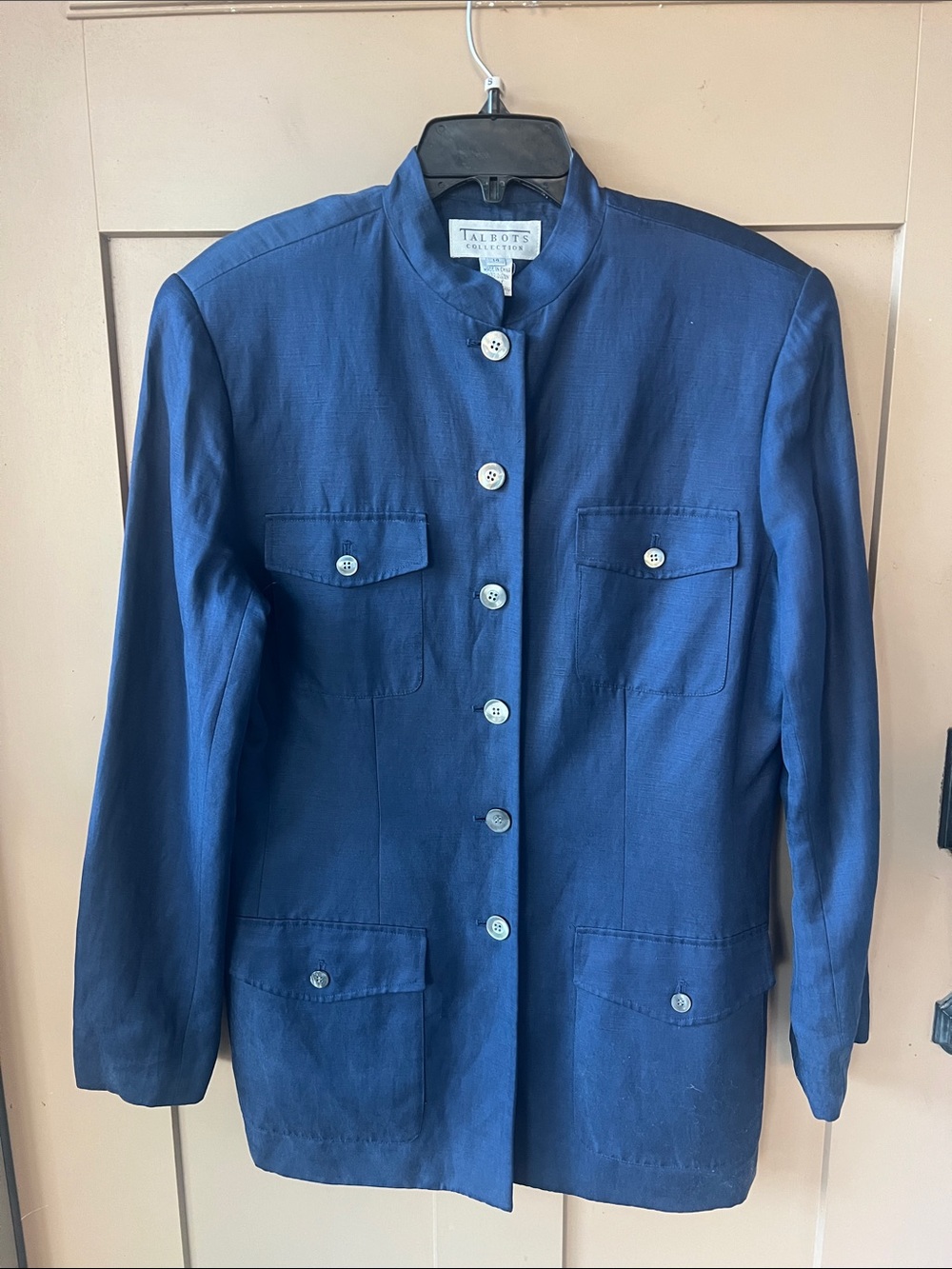 Vintage Talbots Collection Sz 14 Utility Blazer Mandarin Collar Silk Linen Blue